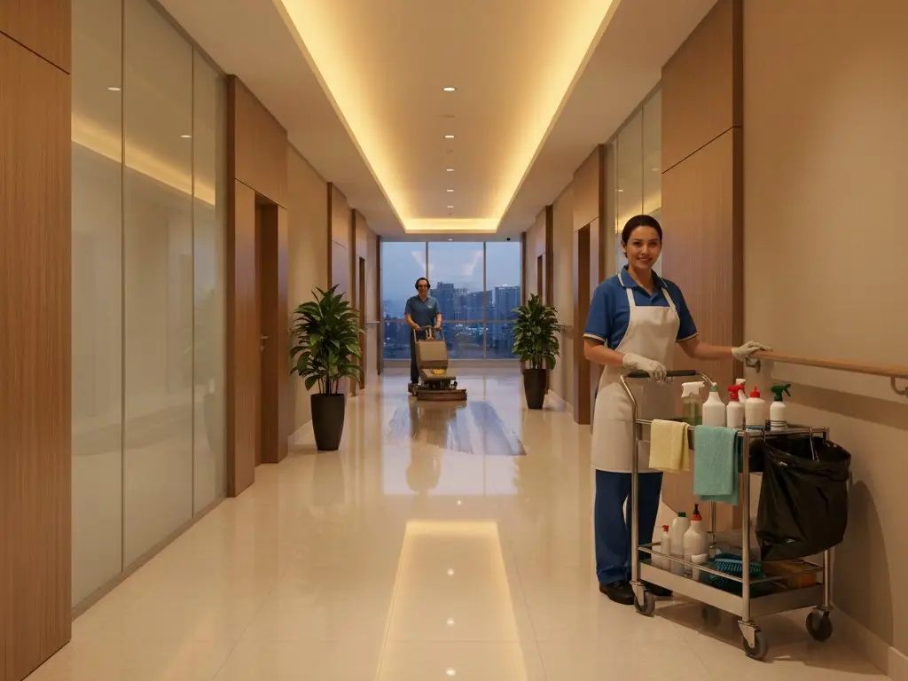 Cleaning staff servicing a condominium corridor with a cleaning cart and floor scrubber